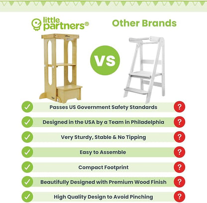 Little Partners Foldable Toddler Tower, Learning Tower Explore 'N Store Montessori Standing Kitchen Tower with Folding Step Stool Platform for Cooking and Learning, Ages 2+ (Natural)