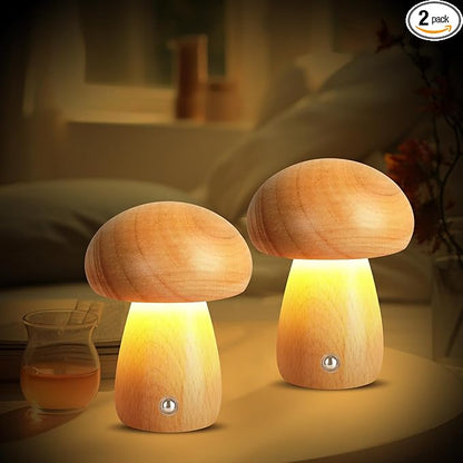 2 PCS Small Wooden Mushroom Lamp, Portable Cordless Rechargeable LED Touch Dimming Night Light, Perfect for Kids' Bedrooms, Nurseries & Gifts for Women, Natural Brown Finish