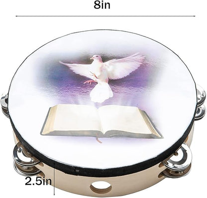 Musfunny 8 inch Dove Bible Double Row Jingle Tambourine for Adults,Handbell Clap Drum Tambourine for Pray Church Party Musical Instrument