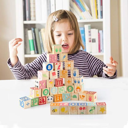 Wooden ABC Toy Building Blocks for Toddlers 1-3 36 PCS Wood Alphabet Number Blocks for Stacking Learning Preschool Educational Montessori Sensory Toys for Kids Boys Girls Gifts 1.7"