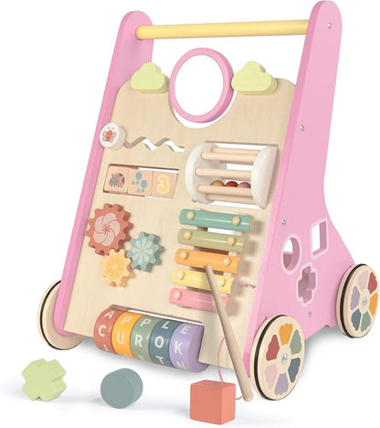 LOL-FUN Wooden Baby Walker for Girls with Wheels, Push Walker for Girl 6-12 Months, Pink Baby Push Toy for 1 Year Old Walking