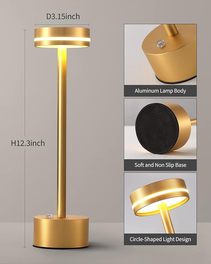 PUSU Table Lamps with Touch Control,Cordless Battery Operated Led Desk Lamp,3-Level Brightness Portable Table Lamp,for Living Room Office Bedroom Dormitory Restaurant Camping.