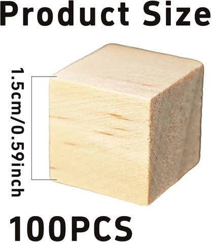 100Pcs 1.5cm Unfinished Wood Cubes, 0.59” Natural Square Wooden Blocks for Math Counting, Crafts, and DIY Projects