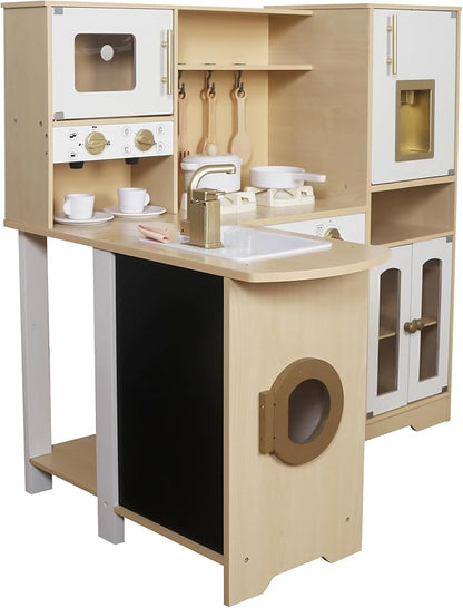 Large Wooden Corner Play Kitchen Sets with Real Running Water, 2 in 1 Water Dispenser with Ice Maker, Toy Tove with Light and Sounds for Toddlers, Preschoolers, Children Age 3+ Years