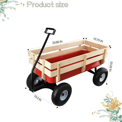 Pull Along Wagon Heavy Duty All-Terrain Cargo Wagon Outdoor Cart with Removable Wooden Side Panels,Big Tires and Wide Grip Handle for Towing Toys,Garden Tools,33x15.7x19.6 Inches