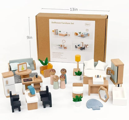 PairPear Wooden Toys Dollhouse Furniture Playset,35 Piece Furnitures with Family Dolls,Doll House Accessories Pretend Play Gift for Girls and Boys 3 Year and Up