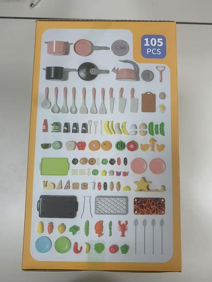 105Pcs Kids Kitchen Toy Accessories, Toddler Pretend BBQ Camping Cooking Playset, Play Pots, Pans, Utensils Cookware Toys, Play Food Set, Vegetables, Learning Gift for Girls Boys (Turquoise)