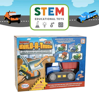 Popular Playthings Magnetic Build-a-Truck Construction Set of 4 Construction Vehicles with Real Construction Site Sounds