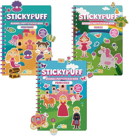 Stickypuff Value Pack - 3 Reusable Puffy Sticker Book for Toddlers - Puffy Stickers for Toddlers - Travel Activities for Kids Ages 4-8 - Screen Free Birthday Gifts (Wonderland)