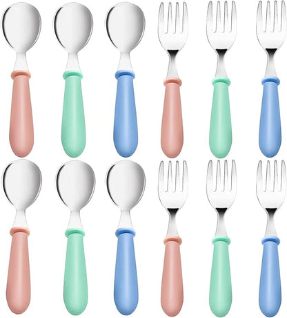 12 Pieces Toddler Utensils,Stainless Steel Baby Forks and Spoons Silverware Set,Kids Silverware Set Children's Cutlery Set with Round Handle,Toddler Flatware Fork Spoon Set,Dishwasher Safe