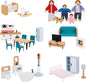 OOOK Wooden Dollhouse Furniture Set for Kids, 26 Pcs Dollhouse Accessories with 4 Family Dolls and Dog, Miniature Doll House Furniture Toys Pretend Play Set for G irls Boys Age 3+