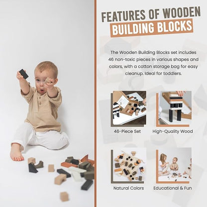 Educational Stacking Blocks for Toddlers 1–3 – 46-Piece Wooden Building Block Set | Montessori-Inspired Learning Toy with Storage Bag | Safe, Non-Toxic, Earth-Tone Colors
