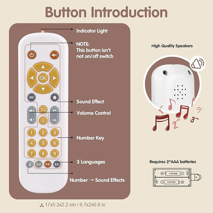 Nueplay Baby TV Remote Control Toy with Light and Sound, Toddler Realistic Controller with 3 Languages, Early Educational Learning Musical Toys, Preschool Infant Boys Girls 6, 12, 18 Months, White
