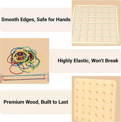 2-in-1 Wooden Geoboard & Mosaic Geometric Shape Pattern Blocks Puzzle,Double-Sided Montessori with 120 PCS Blocks, 40 Rubber Bands, 30 Cards,Brain Teaser