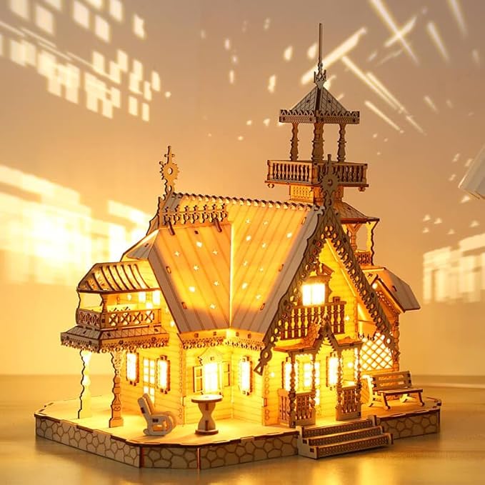 3D Wooden Puzzles for Adults 267pcs Vintage LED Light Villa DIY Wooden Assembly Kit for Teens Home Decor