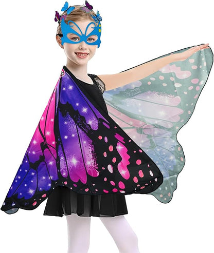 Butterfly Costume for Girls Fairy Wings Kids 4 Pcs(Cape,Skirts,Masks,Hair Clips) Butterfly Wings for Halloween Gifts