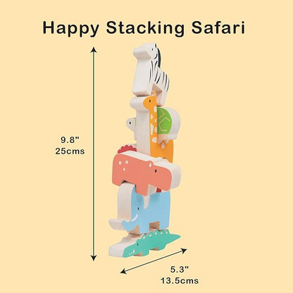 Mentari Toys - Happy Stacking Safari - 7pc Wooden Stacking Toy for Toddlers - Colorful Safari Balancing Activity Toy with Bag - Boost Fine Motor Skills and Dexterity - Educational Toy - Age 18m+