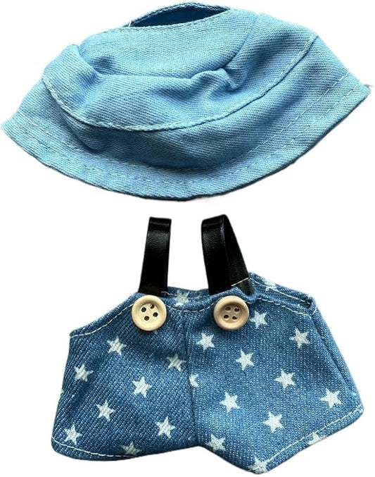 17cm Doll Clothes Set(No Doll), Hat & Overalls Set for 17cm Labubu Suit, Cute Cloth for Dress up Unique Style Dolls Outfit Stylish Clothes for Labubu (Star Denim)