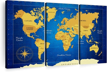 ElephantStock Yellow Longitude World Map Multi Piece Canvas - 3 Panel Wall Decor - Map of the World Art - Canvas for the Office and Home - 23" X 14"