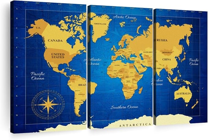 ElephantStock Yellow Longitude World Map Multi Piece Canvas - 3 Panel Wall Decor - Map of the World Art - Canvas for the Office and Home - 57" X 36"