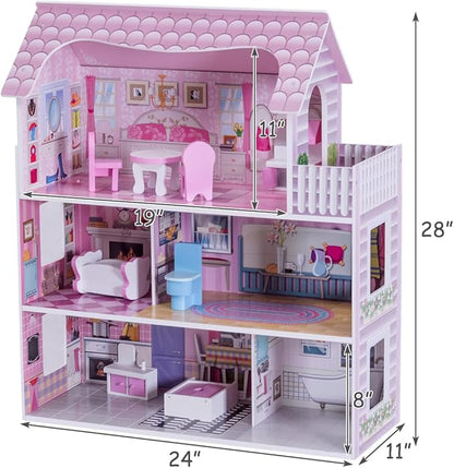 Costzon Wooden Dollhouse for Kids, 3-Story Semi-Open Doll House with 5 Rooms & 8 Pieces Furniture Accessories, Balcony, Preschool DIY Pretend Play Dollhouse Toy, Gift for Girls & Boys Ages 3+