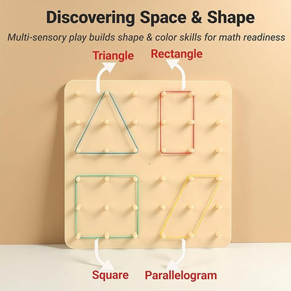 2-in-1 Wooden Geoboard & Mosaic Geometric Shape Pattern Blocks Puzzle,Double-Sided Montessori with 120 PCS Blocks, 40 Rubber Bands, 30 Cards,Brain Teaser