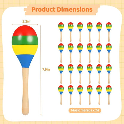 24 PCS Maracas for Adults - 7.9 Inches Multi-Colored Wooden Maracas, Lightweight Design Noisemaker Musical Fun Party Favor for Adult Mexican Party Props Birthday Carnival