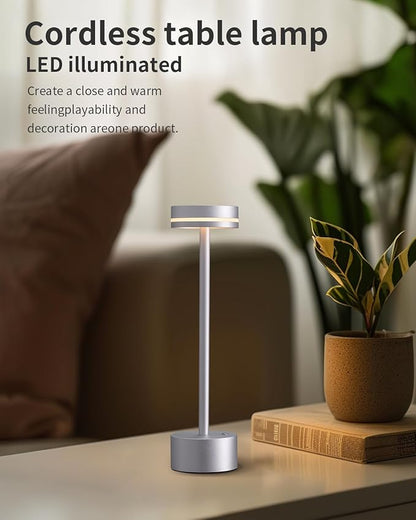 PUSU Portable Table Lamp Battery Powered LED Lamp Cordless Table Lights 3-Level Brightness Touch Control, for Home Office Bedroom Hotel Room Restaurant Outdoor(Silver)