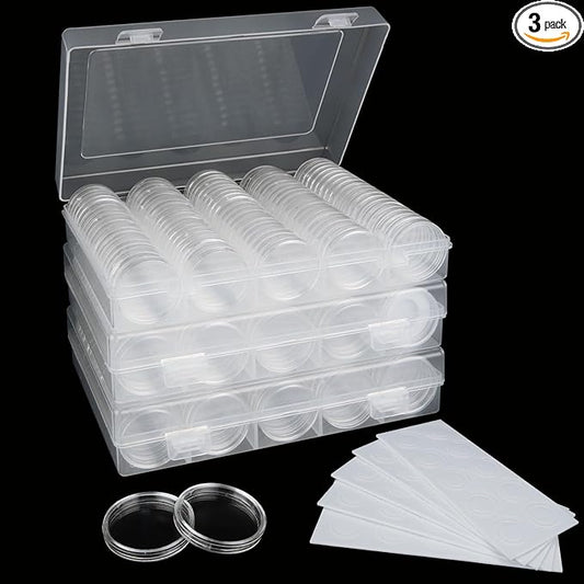 300 PCS Coin Capsules 30mm Plastic Coin Storage Box, Assorted Sizes Coin Collection Supplies Clear Coin Storage Case, Round Silver Dollar Coin Holders with Foam Protect Gasket (17/20/25/27/30mm)