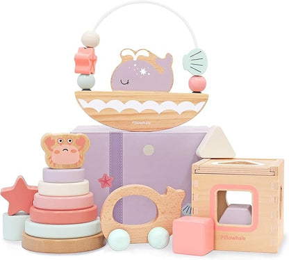 Sensory & Educational Wooden Toy Set for Toddlers 1-3 Years Old - Stacking Rings, Shape Sorter, Push Car, Bead Maze for Boys & Girl