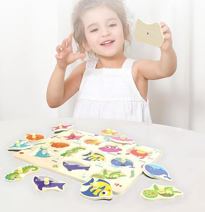 Wooden Peg Puzzle, Sea Creature Chunky Baby Puzzles, Colorful Wood Shape Puzzle Peg Board, Animal Knob Puzzles for Educational Toddlers 18 Months and Up, 11 Pieces