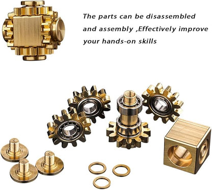 Pure Brass Cube Gears Linkage Anti-Anxiety Fidget Spinner Toy,Metal DIY EDC Meditation Break Bad Habits ADHD Finger Spinning Toy for Kid and Adults High Speed Precision Brass Material