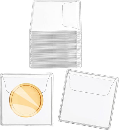 200Pcs Single Pocket Coin Flips Coin Sleeves Holders Clear PVC Coin Protectors Individual Plastic Coin Holders for Coin Currency Bills Collectors Protector (2.2 x 2.2 Inch) (Rectangular) ﻿