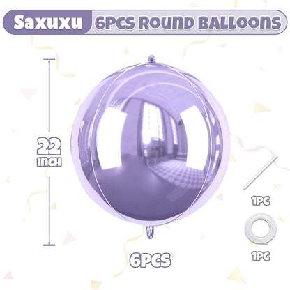 Purple Giant 4D Foil Balloons, 6Pcs Large Metallic Purple Round Balloons, 22 Inch Big Round Foil Balloon for Purple Birthday Party Baby Shower Wedding Decorations