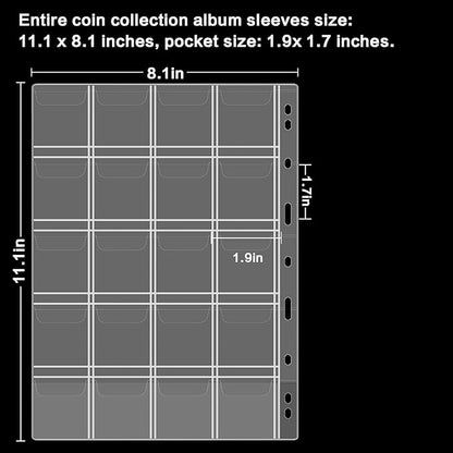 12 Sheets Coin Collection Pages, Coins Pocket Page with 240 Pockets, Coin Binder Inserts Sleeves with Standard 9 Hole for Coin Album. Storage Holder for Currency, Stamp and Other Supplies (20 Pockets)