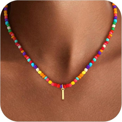 Colorful Initial Necklaces for Girls Kids Women, Cute Beaded Initial Necklace Teen Girl Gifts Trendy Stuff, Bohemian Letter Necklace Birthday Gifts for Women Girls Jewelry
