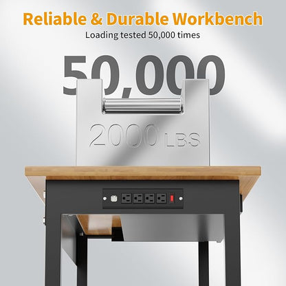 48"x24" Solid Wood & Heavy-Duty Work Bench Workbench, Adjustable Height Work Table with Wheels, Power Outlets and Drawer, 2000 LBS Capacity Workstation Work Benches for Garage, Workshop
