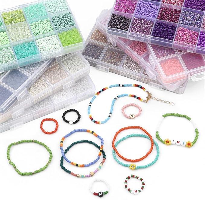 15 Color 4mm Small Assorted Glass Seed Beads,3mm Bugle Beads Friendship Bracelet Kit,2mm Tiny Tube Bead for Jewelry Making(Black)