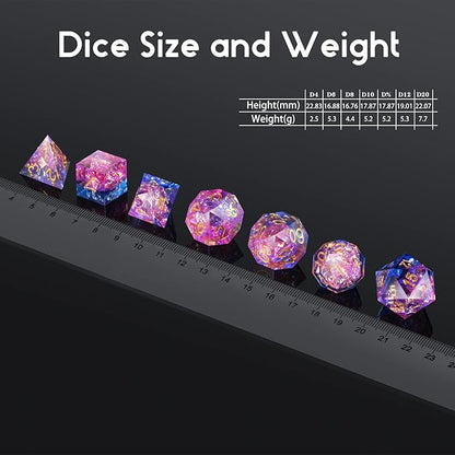 DND Dice Set, DNDND 7 PCS Sharp Edge Dice with Gorgeous Gife Case for D&D Dungeons and Dragons (Tranlucent Pink Mixed Blue)