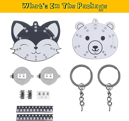 2 PCS Soldering Learning Kit, ICSTATION Fox and Bear Keychain Soldering Project with SMD LED Flashing Lights Cute Halloween Present Soldering Practice Kit for Diyers Student Teaching and Learning