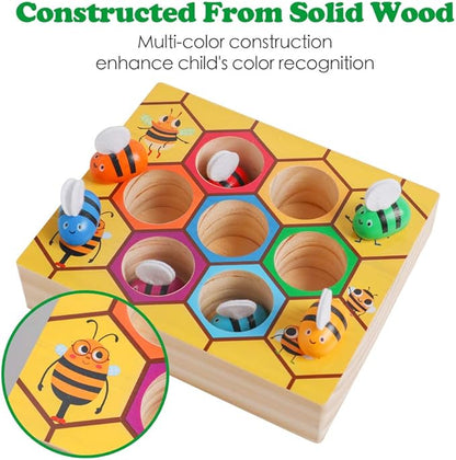 Toddler Fine Motor Skill Toy, Clamp Bee to Hive Matching Game, Montessori Wooden Bee Hive Toys, Wood Color Sorting Puzzle Early Learning Preschool Educational Gift for 3 4 5 Years Old Kids