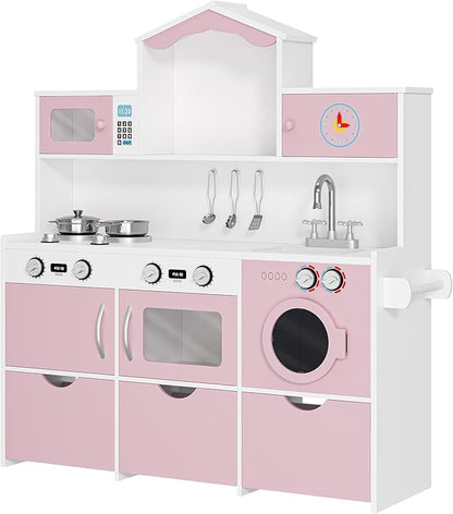 Keyluv Wooden Play Kitchen for Kids and Toddler, Montessori Toy Kitchen Playset with Plenty of Pretend Play Features and Storage Drawers, Gift for Boys and Girls, Pink