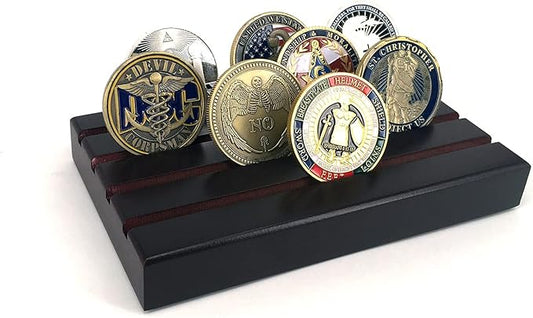 Glamtune 4 Rows Coin Holder,Challenge Coin Display Stand Rack Military Coin Holder (Wood )