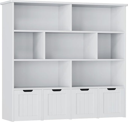 FINETONES Toy Storage Organizer, Kids Bookshelf with 4 Movable Chests and 7 Storage Cubes, Toy Chest Storage Shelf Organizer with Hidden Wheels, Toy Organizers and Toy Storage, Grey