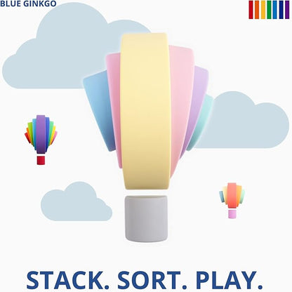 BLUE GINKGO Silicone Rainbow Stacker - Montessori Nesting Puzzle | Kids and Toddler | Stacking Sensory Toys - 7 Layers (Pastel)