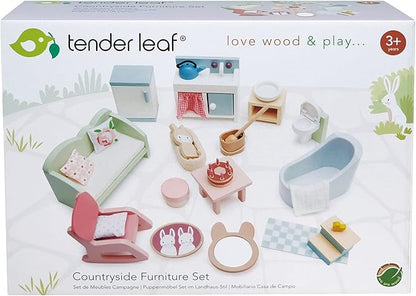 Tender Leaf Toys - Countryside Furniture Set - Fully Furnished Dollhouse Accessories - Bathroom, Living Room and Kitchen All in one, Miniature Pretend Play - Age 3+