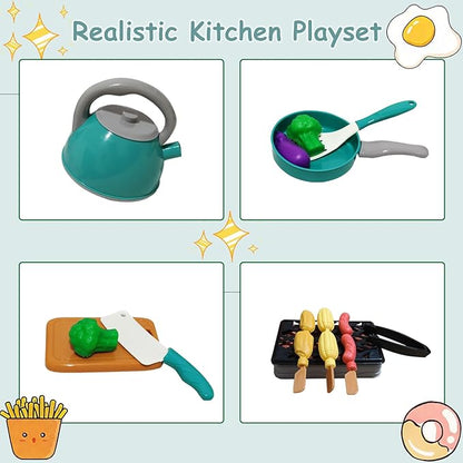 Kids Kitchen Toy Accessories, 61PCS Toddler Pretend Cooking Play Pots, Kitchen Playset, Play Pots, Pans, Utensils Cookware Toys, Play Food Set, Vegetables, Learning Gift for Girls Boys (Green)