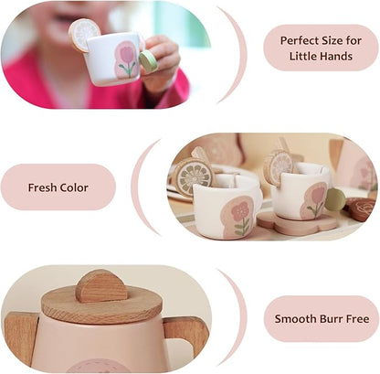Wooden Tea Set for Little Girls, Pretend Play Tea Party Set Toy with 27 PCS Play Kitchen Accessories, Princess Tea Set Toy, Birthday Gift for Kids 3-5 Years Old, Improve Imagination