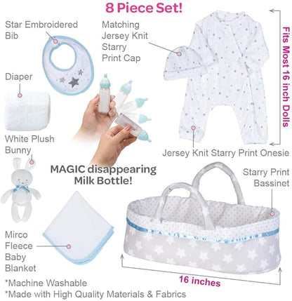 ADORA Adoption Babies Essentials Gift Set with Doll Clothes, Milk Bottle, Diaper, Bassinet, Bib and Micro-Fleece Blanke, Birthday Gift for Ages 3+ - Sweet Star