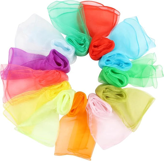 KIMOBER 12PCS Square Dance Scarves,12 Colors Juggling Silk Magic Tricks Music Movement Scarf Props for Kids Toddlers Children(24in × 24 Inches)